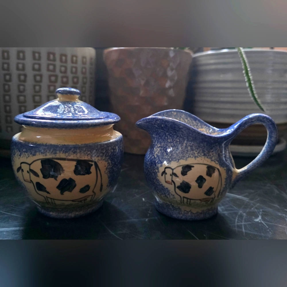 Molly Dallas Sponge/Spatter Ware Blue  Cow Print Ceramic Sugar and Creamer Set